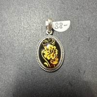 Baltic Amber Carved Floral Leaf Colorful Natural Cabochon Cut Gemstone Sterling Silver Pendant