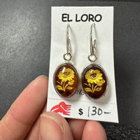Baltic Amber Carved Floral Leaf Colorful Natural Cabochon Cut Gemstone Sterling Silver Earrings