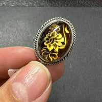 Baltic Amber Carved Floral Leaf Colorful Natural Cabochon Cut Gemstone Sterling Silver Pendant