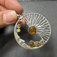 Baltic Amber Multistone Sun Moon Colorful Natural Cabochon Cut Gemstone Sterling Silver Pendant