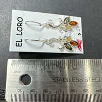 Baltic Amber Multistone Floral Leaf Colorful Natural Cabochon Cut Gemstone Sterling Silver Drop Earrings