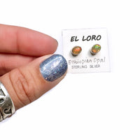 Ethiopian Opal Welo Rainbow Fire Cabochon Circle Sterling Silver Stud Earrings