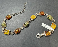 Amber Baltic Multicolored Natural Link Sterling Silver Bracelet