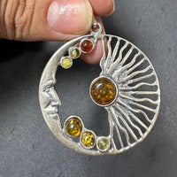 Baltic Amber Multistone Sun Moon Colorful Natural Cabochon Cut Gemstone Sterling Silver Pendant