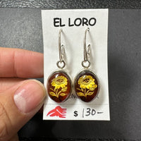 Baltic Amber Carved Floral Leaf Colorful Natural Cabochon Cut Gemstone Sterling Silver Earrings