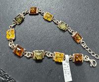 Amber Baltic Multicolored Natural Link Sterling Silver Bracelet