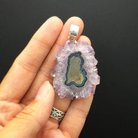 Amethyst Flower Stalactite Slice Purple Quartz Natural Gemstone Sterling Silver Pendant
