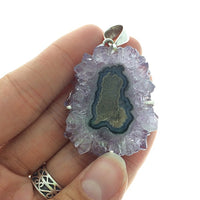 Amethyst Flower Stalactite Slice Purple Quartz Natural Gemstone Sterling Silver Pendant