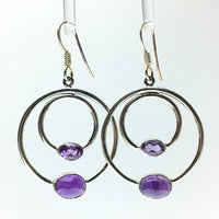 Amethyst Purple Faceted and Cabochon Hoop Crystal Sterling Silver Dangle Earrings