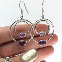 Amethyst Purple Faceted and Cabochon Hoop Crystal Sterling Silver Dangle Earrings