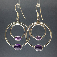 Amethyst Purple Faceted and Cabochon Hoop Crystal Sterling Silver Dangle Earrings
