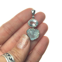 Aquamarine Ice Blue Gem Faceted Oval Raw Crystal Natural Gemstone Sterling Silver Pendant