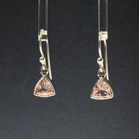 Morganite Pink Beryl Faceted Trillion Cut Natural Gemstone Sterling Silver Dangle Earrings
