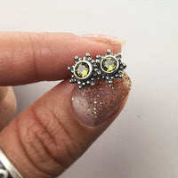Moldavite Tektite Impact Space Glass Faceted Round Starburst Gems Sterling Silver Stud Earrings