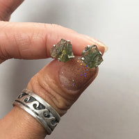 Moldavite Tektite Impact Space Glass Raw Gems Sterling Silver Stud Earrings