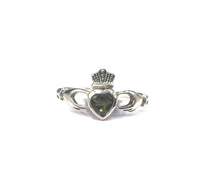 Moldavite Natural Tektite Faceted Claddaugh Celtic Sterling Silver Ring