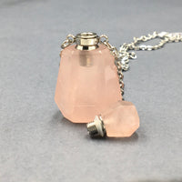 Rose Quartz Crystal Mini Bottle Gemstone Necklace for Essential Oil Perfume on Stainless Steel Chain
