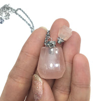 Rose Quartz Crystal Mini Bottle Gemstone Necklace for Essential Oil Perfume on Stainless Steel Chain