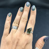 Moldavite Natural Tektite Raw US Size 6 Sterling Silver Ring