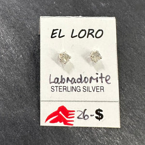 Labradorite Light Grey Cloudlike Faceted Crystal Sterling Silver Stud Earrings