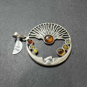 Baltic Amber Multistone Sun Moon Colorful Natural Cabochon Cut Gemstone Sterling Silver Pendant