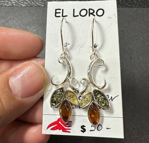 Baltic Amber Multistone Floral Leaf Colorful Natural Cabochon Cut Gemstone Sterling Silver Drop Earrings