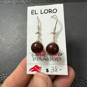 Baltic Amber Natural Cherry Red Round Gemstone Sterling Silver Drop Earrings