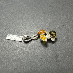 Baltic Amber Multistone Floral Leaf Colorful Natural Cabochon Cut Gemstone Sterling Silver Pendant