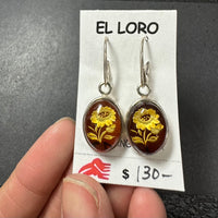 Baltic Amber Carved Floral Leaf Colorful Natural Cabochon Cut Gemstone Sterling Silver Earrings

