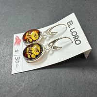 Baltic Amber Carved Floral Leaf Colorful Natural Cabochon Cut Gemstone Sterling Silver Earrings