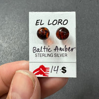 Baltic Amber Round Ball Natural Gemstone Sterling Silver Stud Earrings