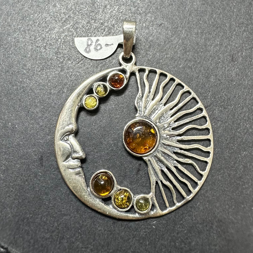 Baltic Amber Multistone Sun Moon Colorful Natural Cabochon Cut Gemstone Sterling Silver Pendant