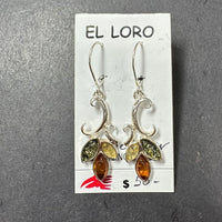 Baltic Amber Multistone Floral Leaf Colorful Natural Cabochon Cut Gemstone Sterling Silver Drop Earrings
