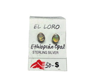 Ethiopian Opal Welo Rainbow Fire Cabochon Circle Sterling Silver Stud Earrings