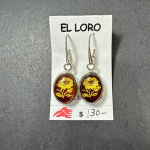 Baltic Amber Carved Floral Leaf Colorful Natural Cabochon Cut Gemstone Sterling Silver Earrings