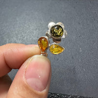 Baltic Amber Multistone Floral Leaf Colorful Natural Cabochon Cut Gemstone Sterling Silver Pendant