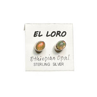 Ethiopian Opal Welo Rainbow Fire Cabochon Circle Sterling Silver Stud Earrings
