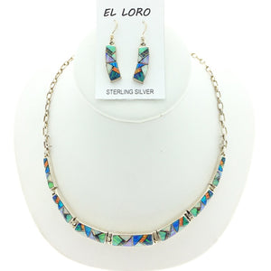 Gilson Opal Rainbow Fire Lab Created Gemstones Mosaic Inlaid Sterling Silver Necklace and Earring Set