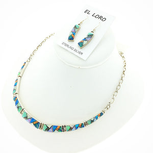 Gilson Opal Rainbow Fire Lab Created Gemstones Mosaic Inlaid Sterling Silver Necklace and Earring Set