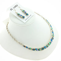 Gilson Opal Rainbow Fire Lab Created Gemstones Mosaic Inlaid Sterling Silver Necklace and Earring Set