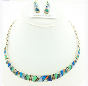 Gilson Opal Rainbow Fire Lab Created Gemstones Mosaic Inlaid Sterling Silver Necklace and Earring Set