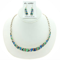 Gilson Opal Rainbow Fire Lab Created Gemstones Mosaic Inlaid Sterling Silver Necklace and Earring Set
