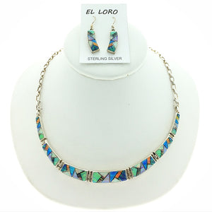 Gilson Opal Rainbow Fire Lab Created Gemstones Mosaic Inlaid Sterling Silver Necklace and Earring Set