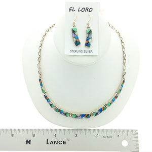 Gilson Opal Rainbow Fire Lab Created Gemstones Mosaic Inlaid Sterling Silver Necklace and Earring Set