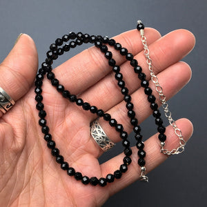 Black Onyx Faceted Gemstone Bead Strand Sterling Silver Necklace by Josephine Grasso