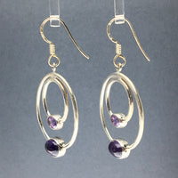 Amethyst Purple Faceted and Cabochon Hoop Crystal Sterling Silver Dangle Earrings