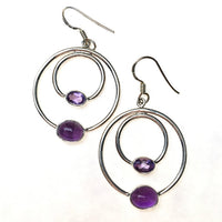 Amethyst Purple Faceted and Cabochon Hoop Crystal Sterling Silver Dangle Earrings