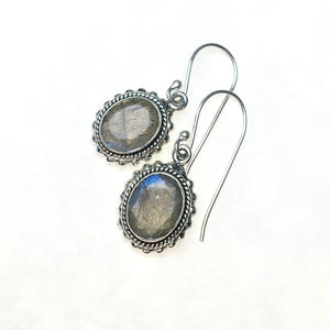 Labradorite Gemstone Round Sterling Silver Dangle Earrings