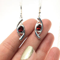 Garnet Red Oval Faceted Crystal Sterling Silver Dangle Earrings