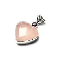 Rose Quartz Heart with Garnet Red Gem Faceted Oval Natural Gemstone Sterling Silver Pendant